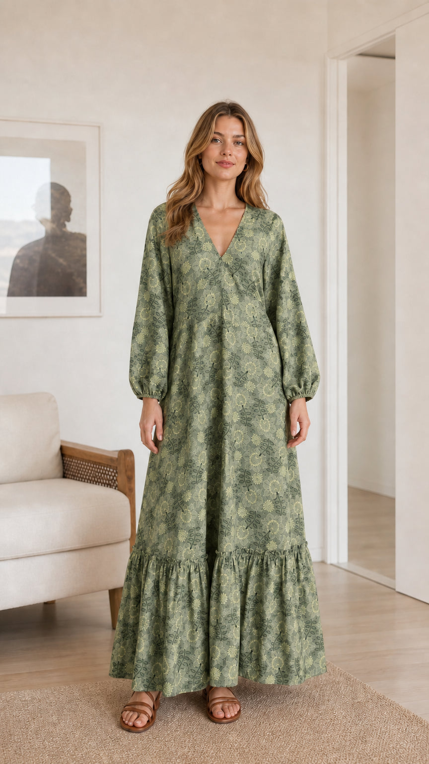 Model wearing sage green floral print long sleeve tiered maxi dress
