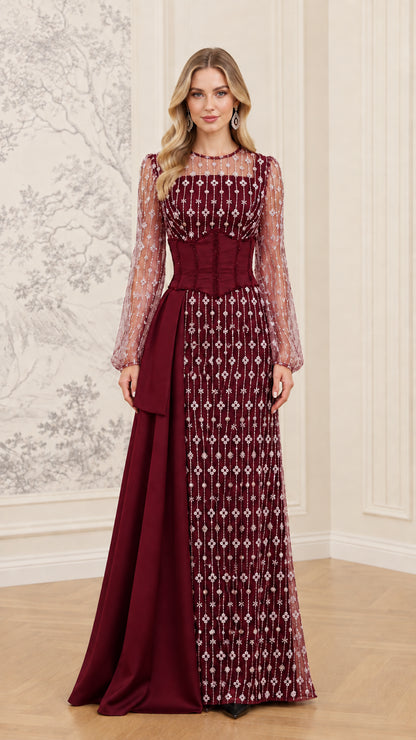 Burgundy wine red embellished formal maxi dress with sheer long sleeves