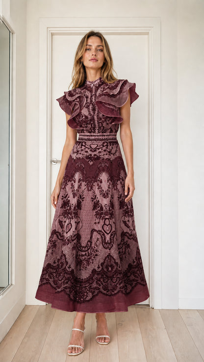 Burgundy variant of the elegant ruffled midi dress