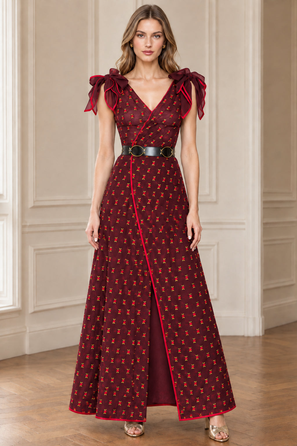Burgundy red floral maxi dress with contrast edge piping