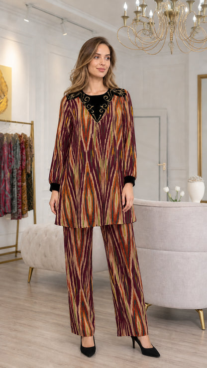 Model wearing Burgundy red ikat print two-piece pant set