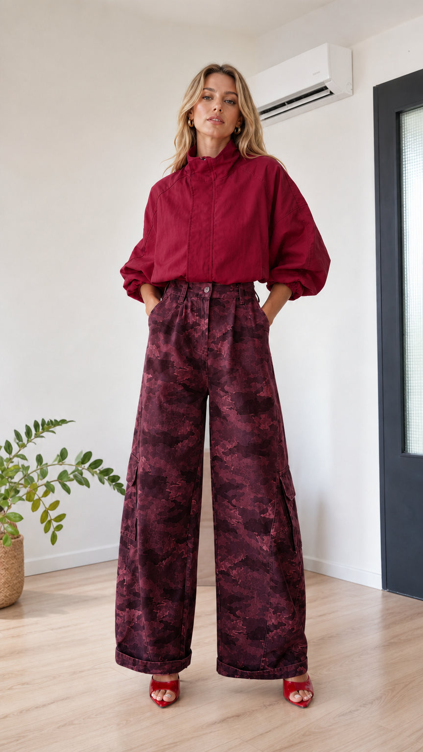Model wearing burgundy camo high-waisted wide-leg trousers with matching burgundy top