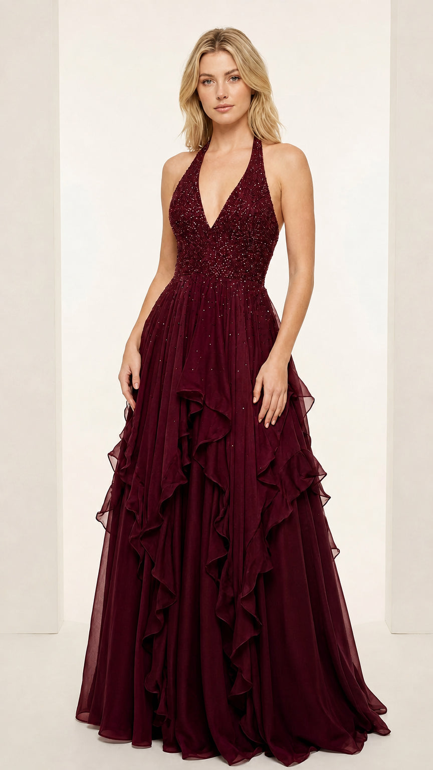 Front view of Burgundy wine red halter beaded tiered ruffle evening gown