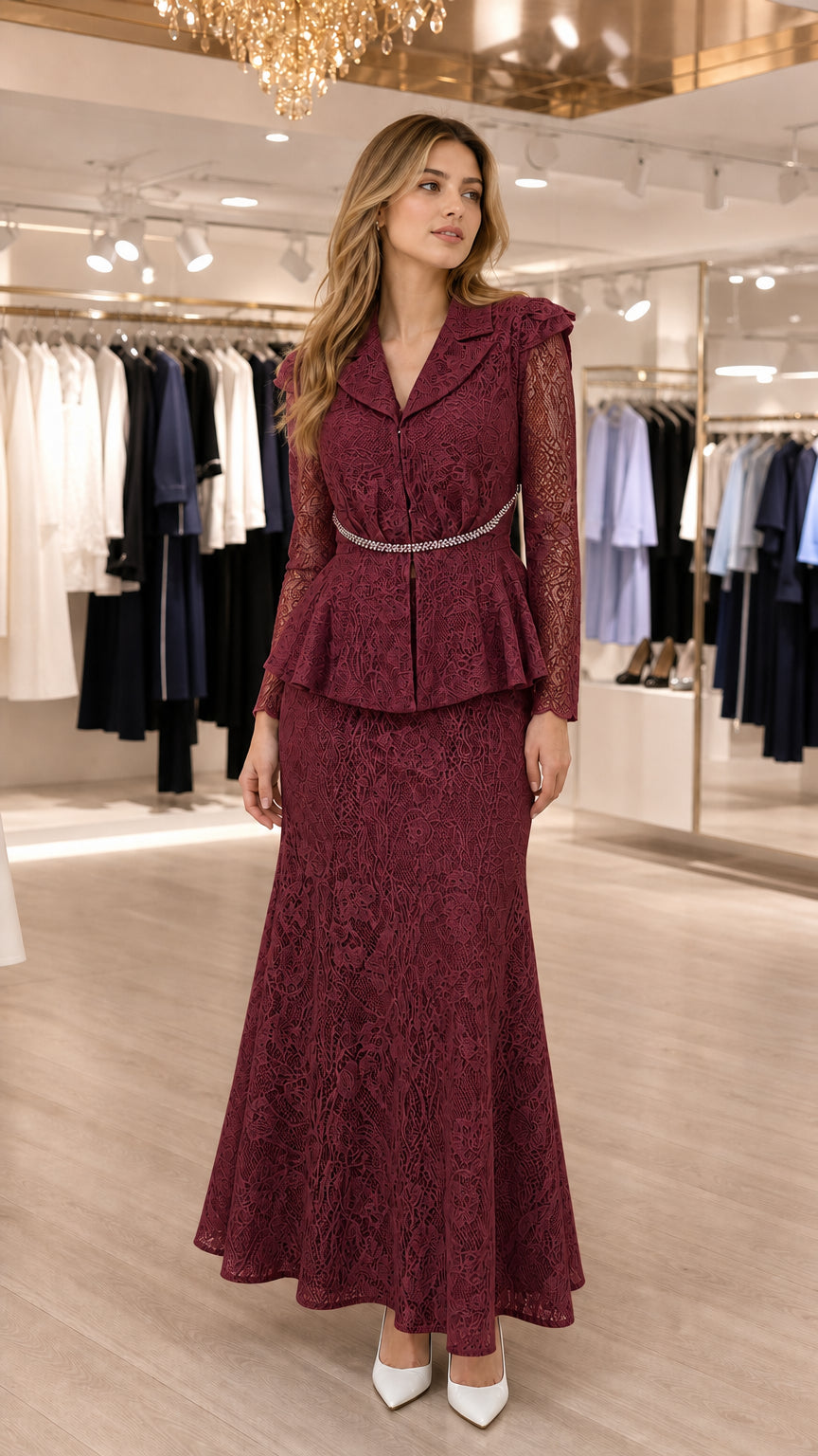 Burgundy wine lace peplum evening skirt suit with embellished waist