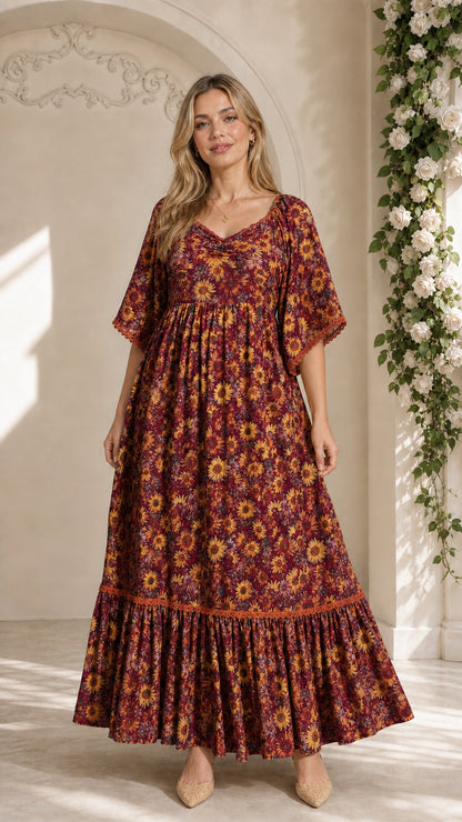 Model wearing burgundy wine floral tiered maxi dress with lace trim
