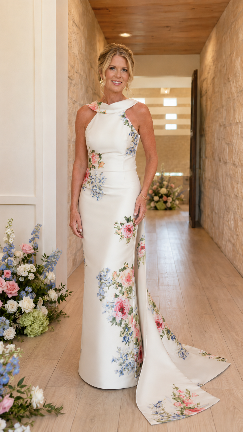Ivory floral print halter mermaid gown with sweep train front view