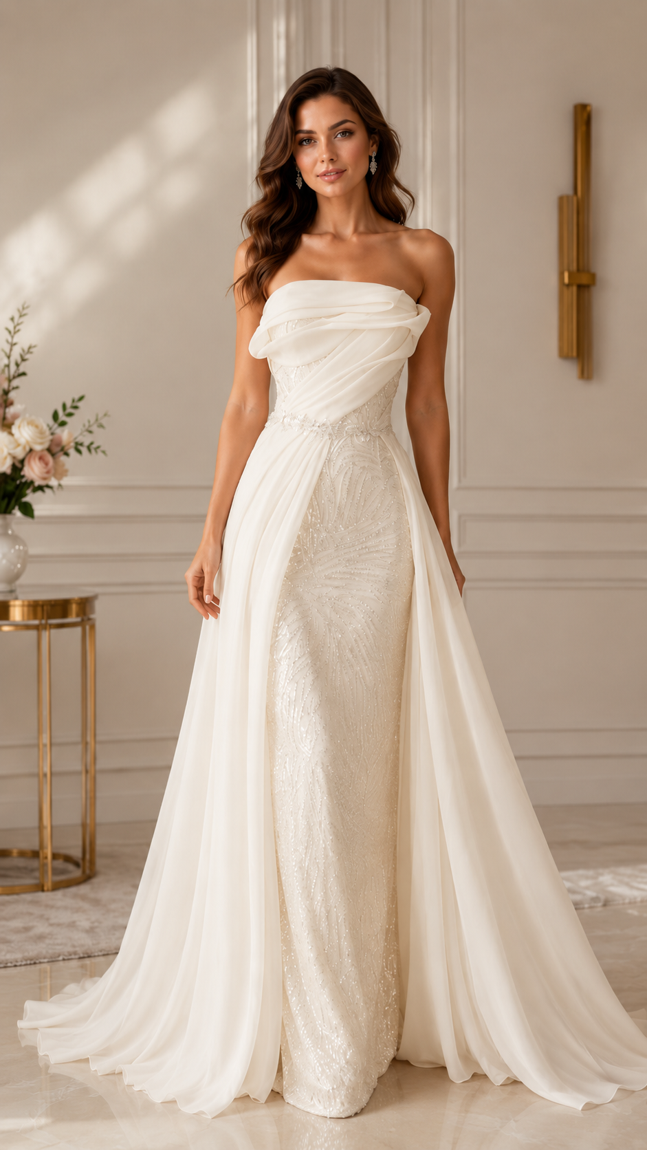 Ivory strapless evening gown with layered draping and floor-length soft overlay