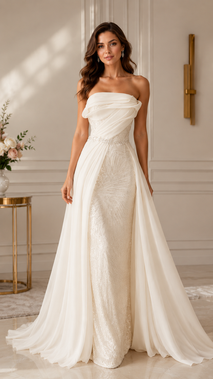 Ivory strapless evening gown with layered draping and floor-length soft overlay