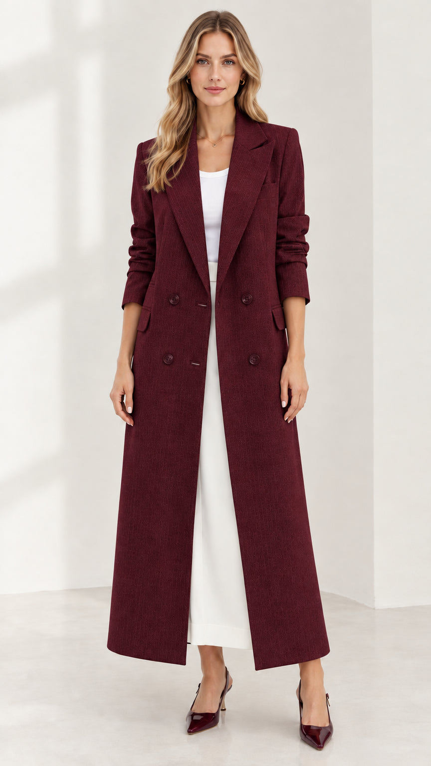 Front full-length view of woman wearing deep burgundy long tailored duster coat