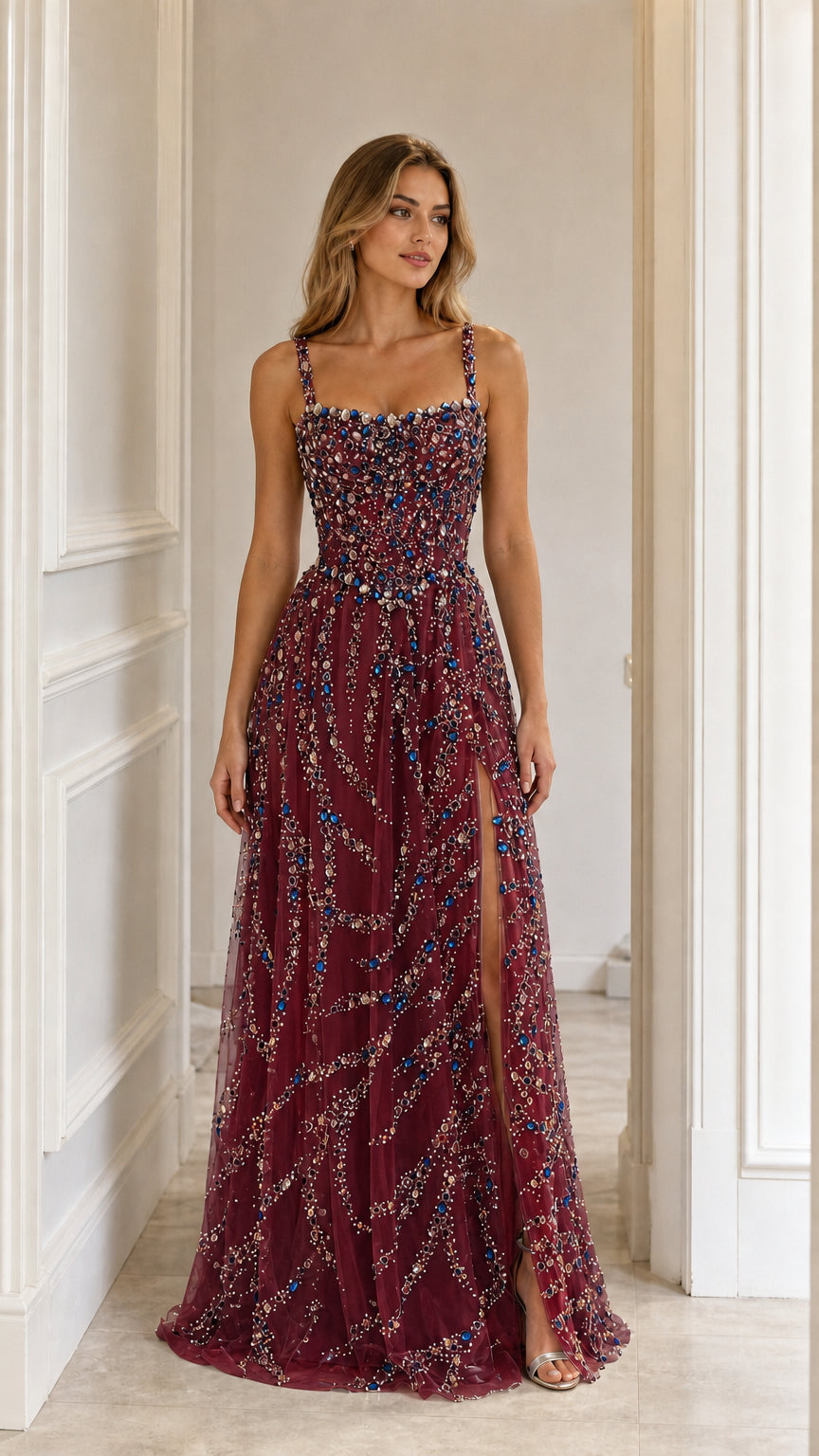 Front view of burgundy crystal embellished evening gown with high slit
