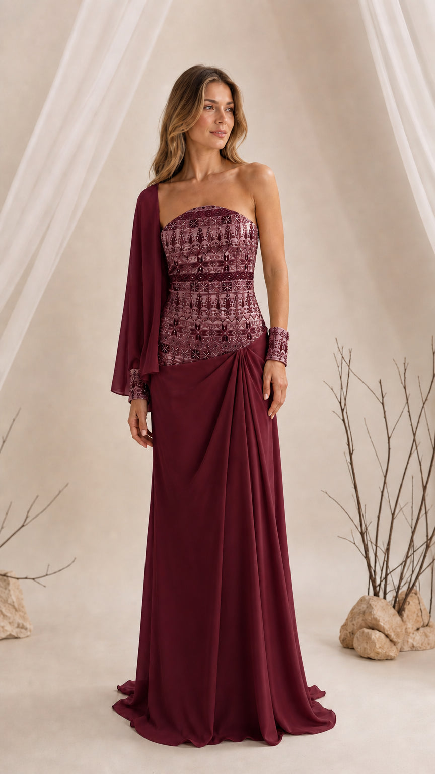 Burgundy wine red strapless evening dress with draped skirt