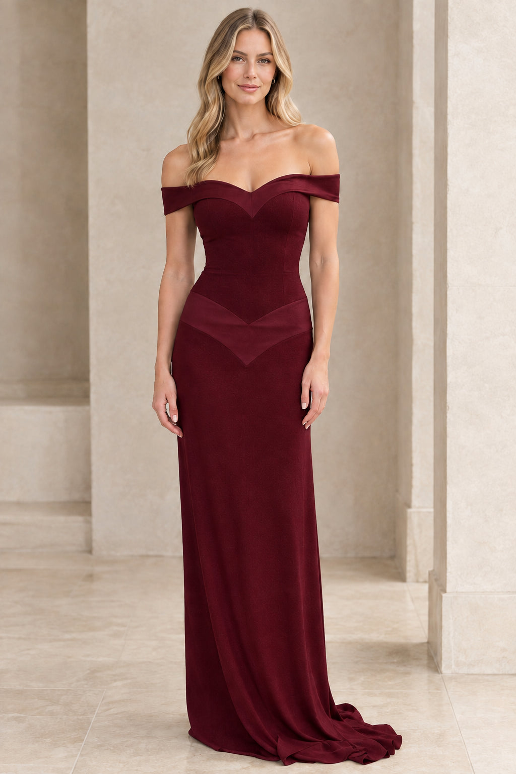 Model wearing burgundy wine red off-the-shoulder maxi evening gown front view