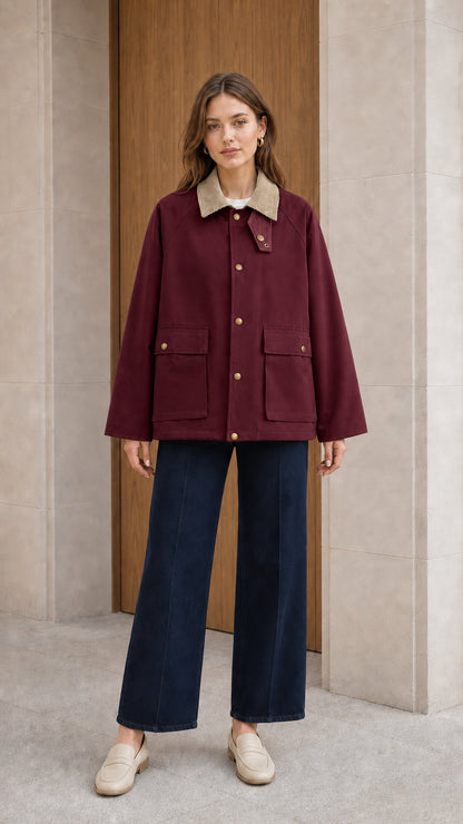Full body view of model wearing rich burgundy corduroy collar utility jacket