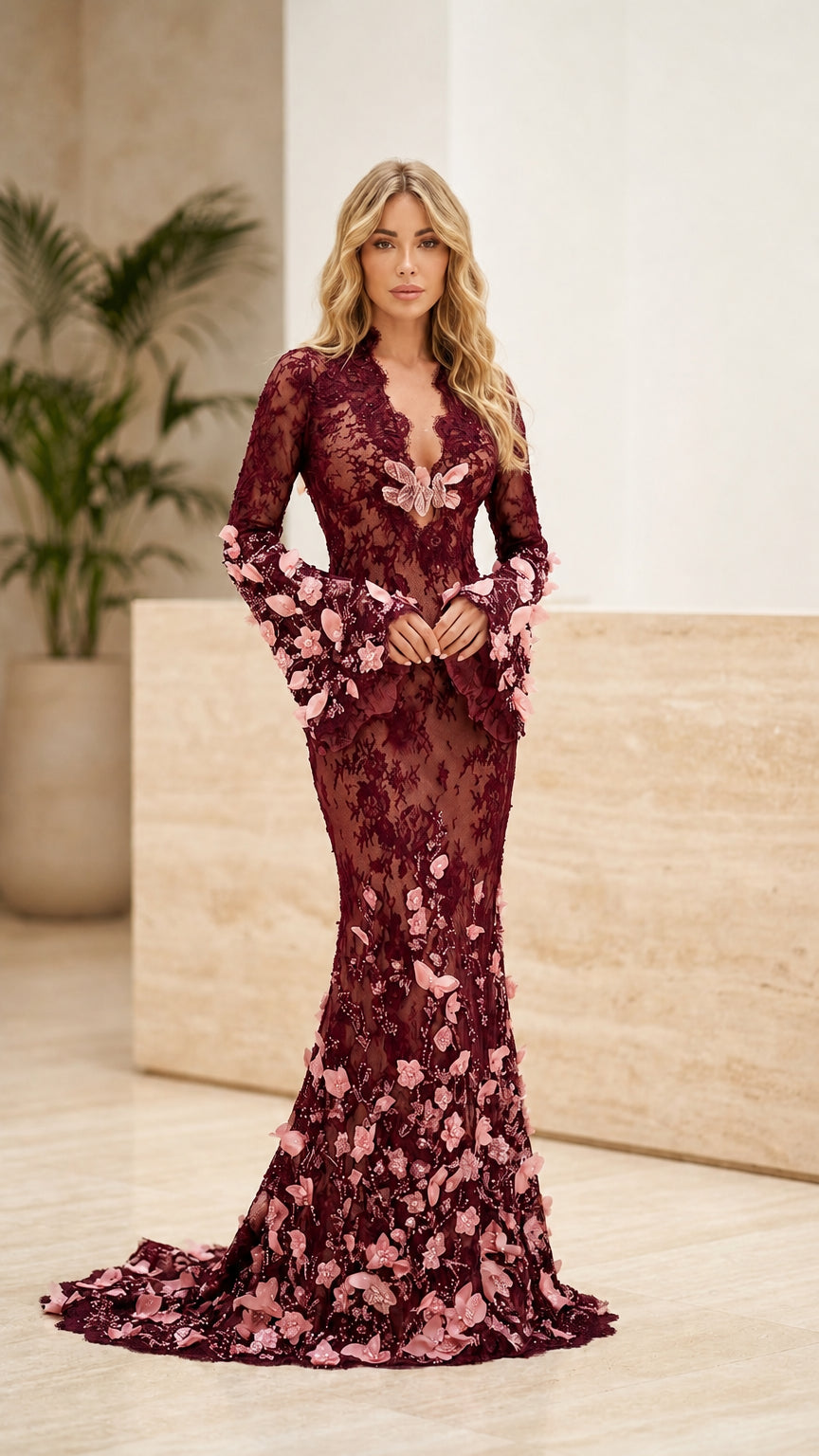 Front view of burgundy wine red 3D floral appliqué mermaid evening dress