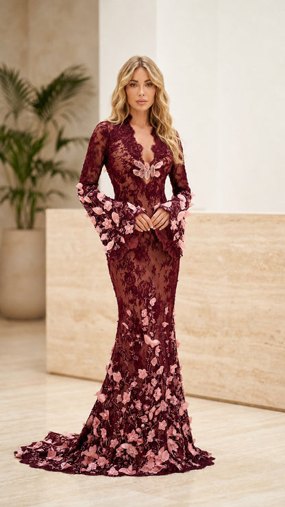 Front view of burgundy wine red 3D floral appliqué mermaid evening dress