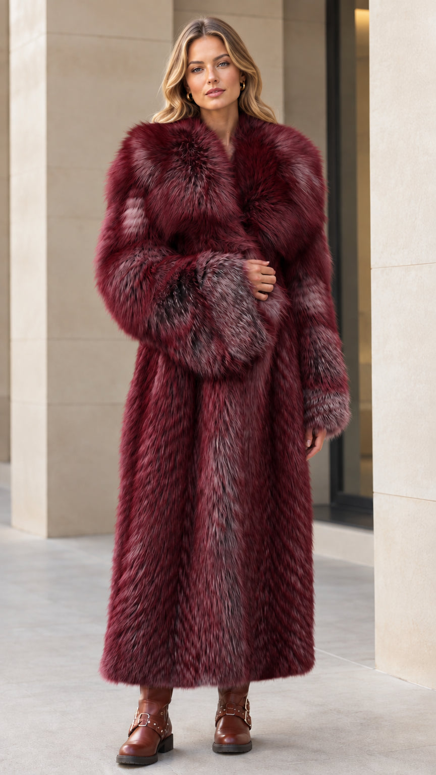 Front view of woman wearing rich burgundy red faux fur maxi coat
