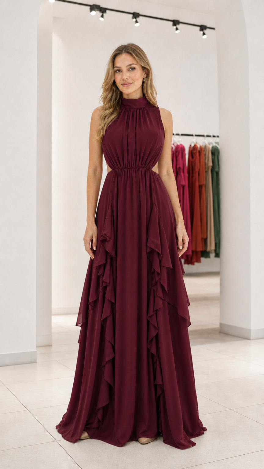 Front view of burgundy evening maxi dress