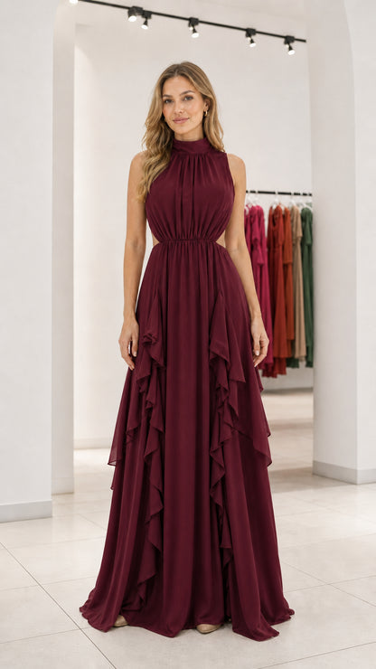 Front view of burgundy evening maxi dress