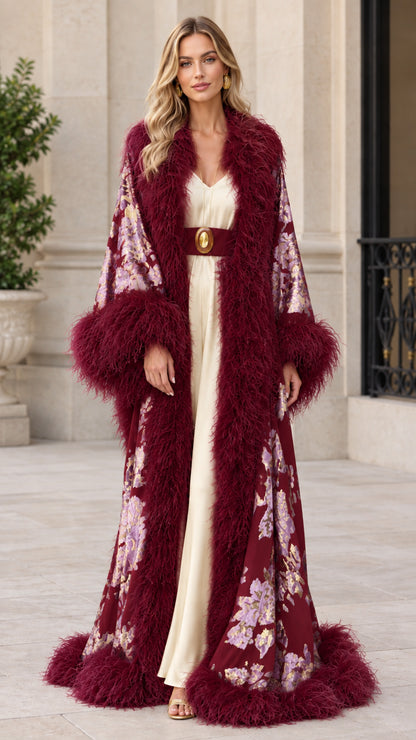 Burgundy wine floral jacquard evening robe with rich burgundy feather trim