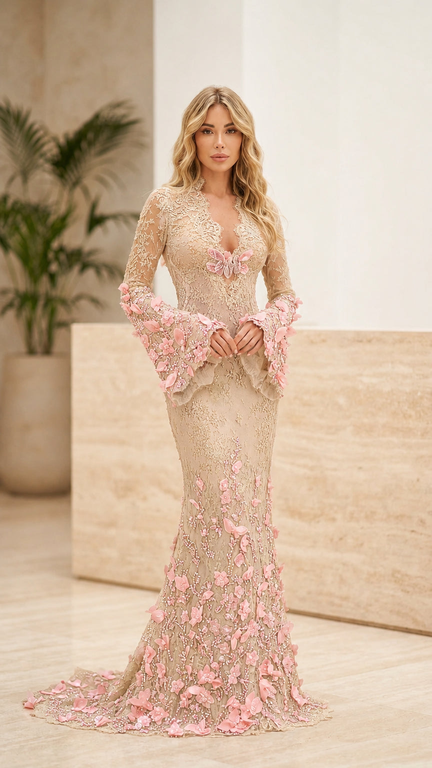 Front view of champagne beige 3D floral lace mermaid gown with pink accents