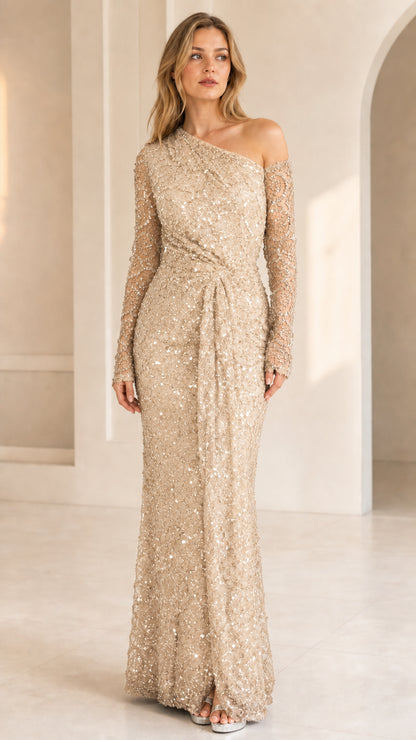 Champagne gold sequined lace asymmetrical evening dress