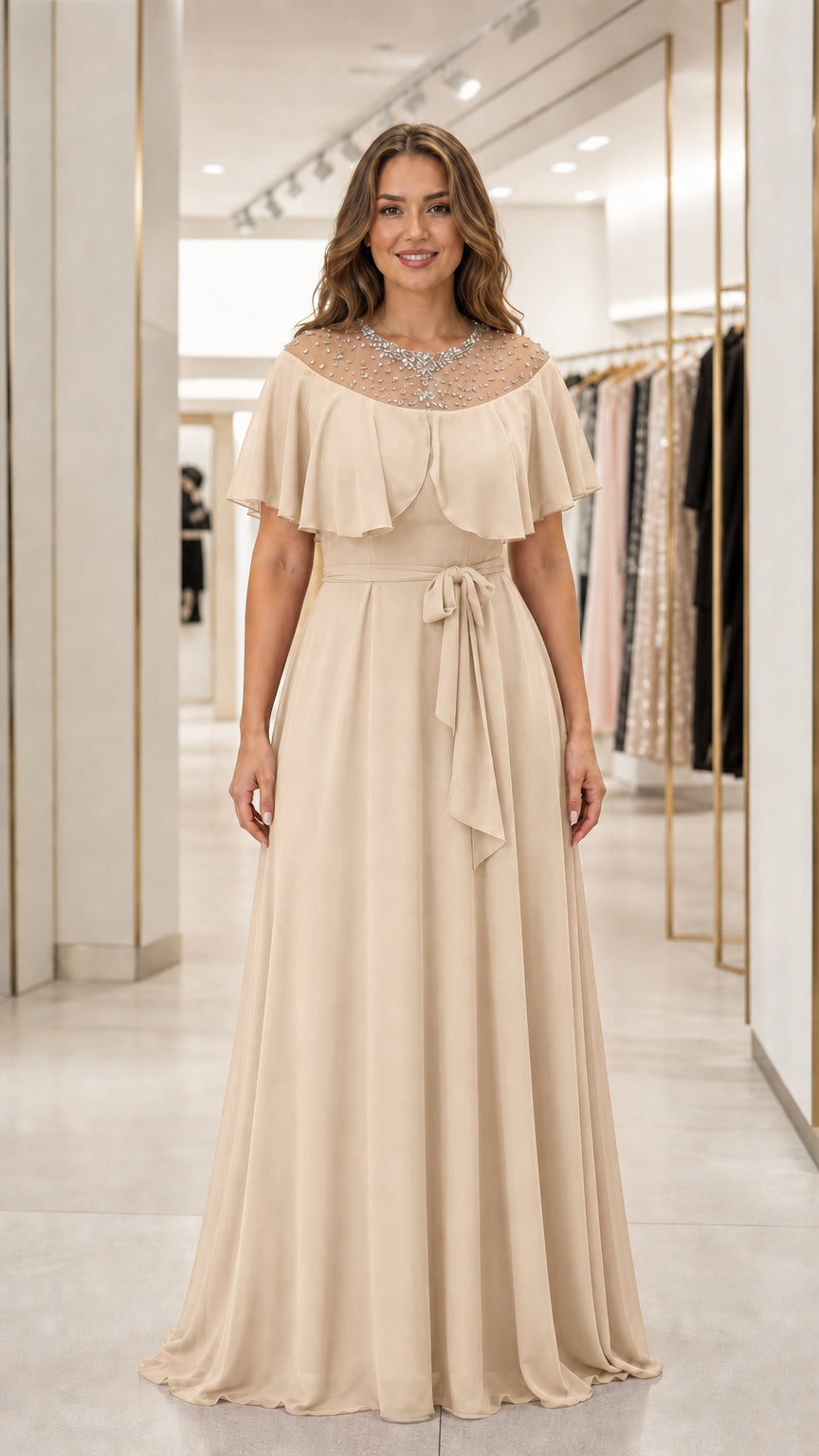 Front view of champagne evening dress