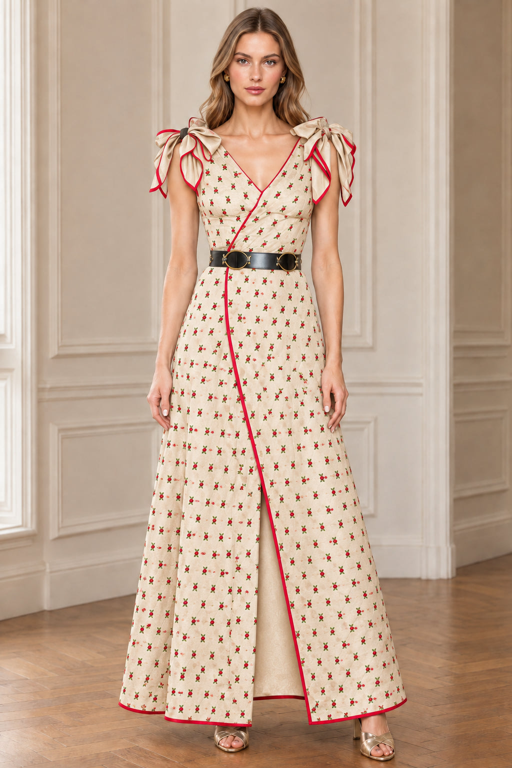 Cream floral maxi dress with red trim and bow shoulder accents