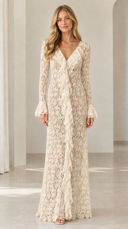 Full-length view of champagne beige floral lace V-neck maxi dress