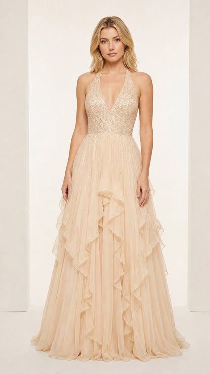 Front view of Champagne gold halter beaded tiered ruffle formal maxi dress