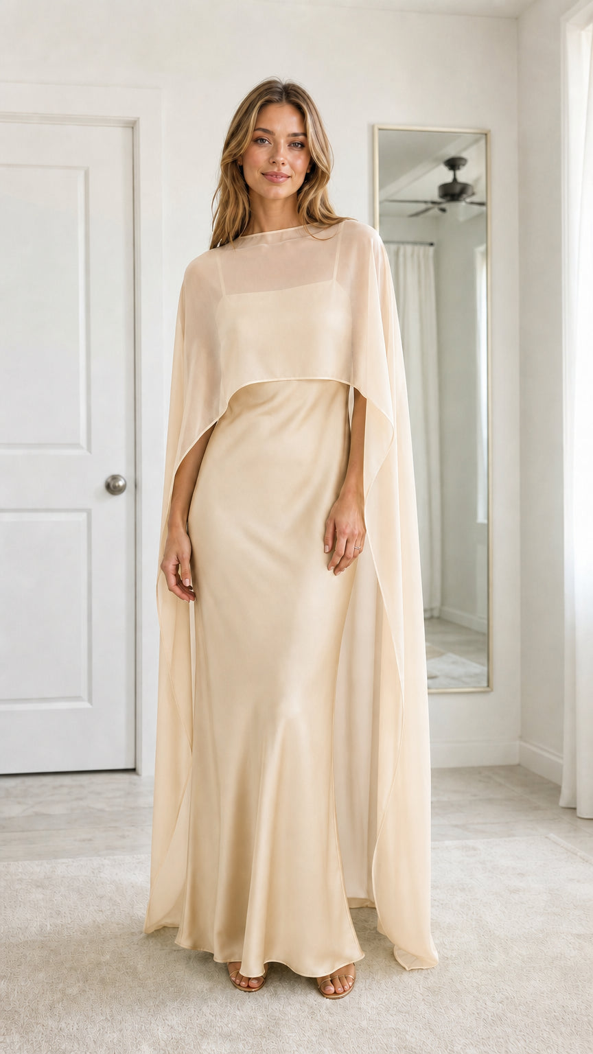 Front full view of woman wearing Champagne beige chiffon cape evening gown
