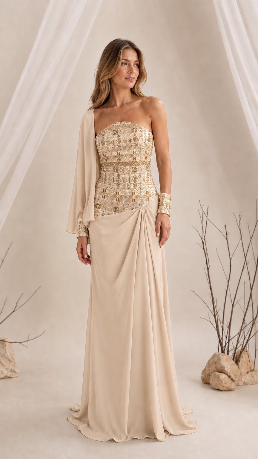 Champagne beige strapless formal gown with embroidered details
