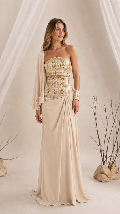 Champagne beige strapless formal gown with embroidered details