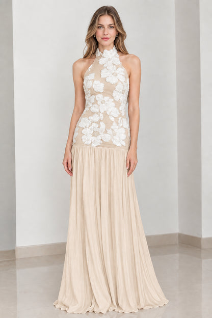 Champagne beige floral embroidered halter neck pleated evening gown