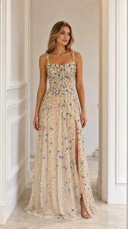 Front view of champagne crystal embellished evening gown with high slit