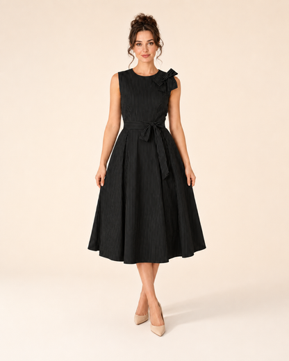 Front view of black sleeveless striped midi dress with shoulder bow and tie waist