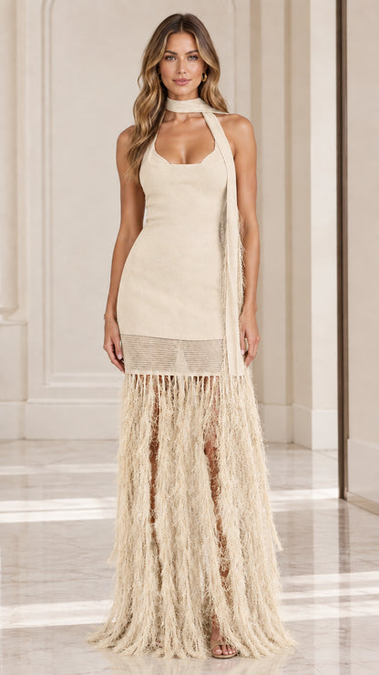 Cream beige halter neck knit maxi dress with fringe hemline