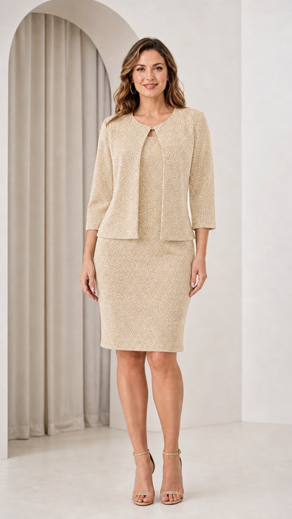 Woman wearing champagne gold shimmer two-piece dress and jacket set
